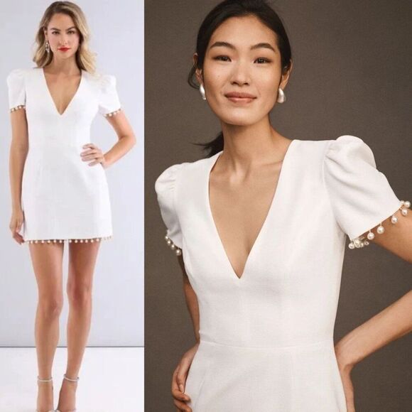 Anthropologie Helsi Estelle Pearl-Trim V-Neck Cap-Sleeve Crepe Mini Dress Medium - Picture 1 of 10